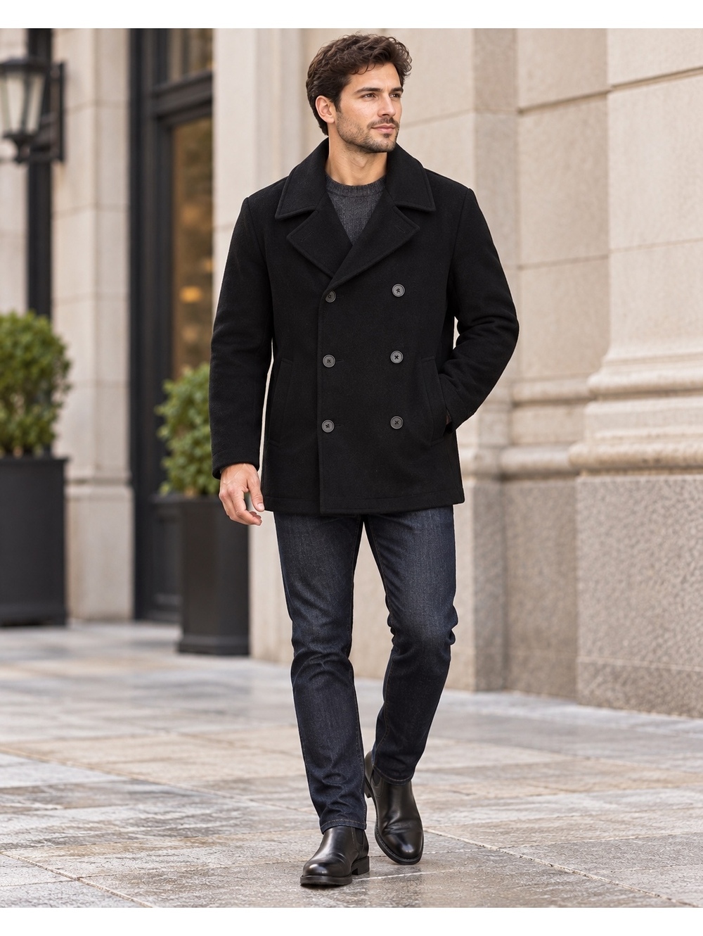 Kenneth Cole Reaction Men’s Black Wool Blend Double Breasted Pea Coat Size M - Picture 1 of 8